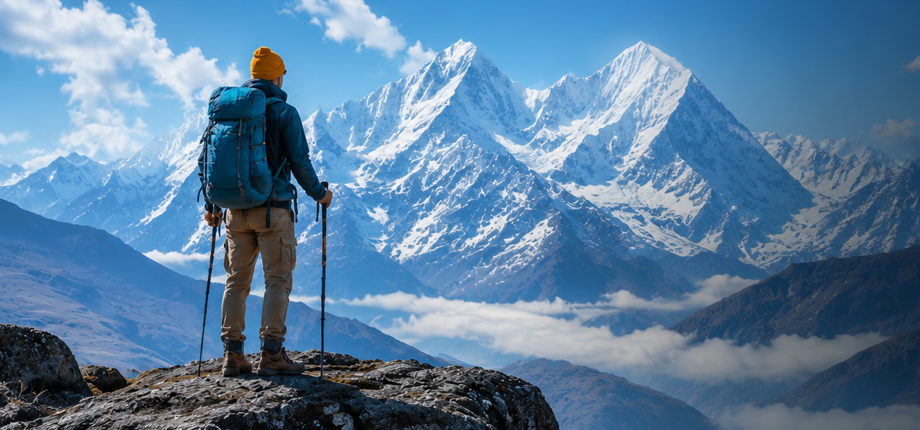 Traveler overlooking misty Himalayan mountains at sunset - WonderYatri